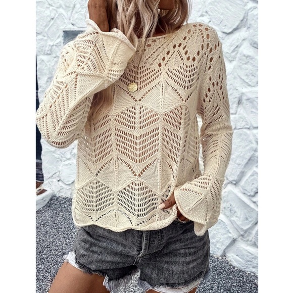 Beige Hollow Out Knit Long Bell Sleeve Pullover Light Sweater - Picture 5 of 8